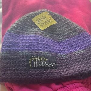 100 percent wool, Haddock Gray and Purple Knit Beanie